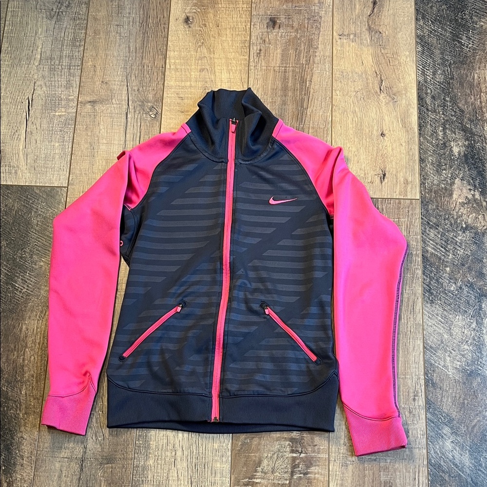 Nike Dri Fit Dark Grey and Pink Zip-Up Jacket Size Small